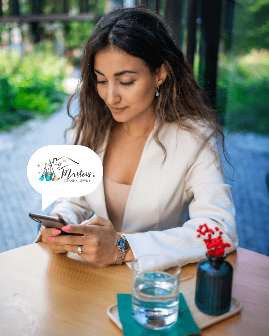 Happy woman booking a cleaning service from her phone in a spotless home