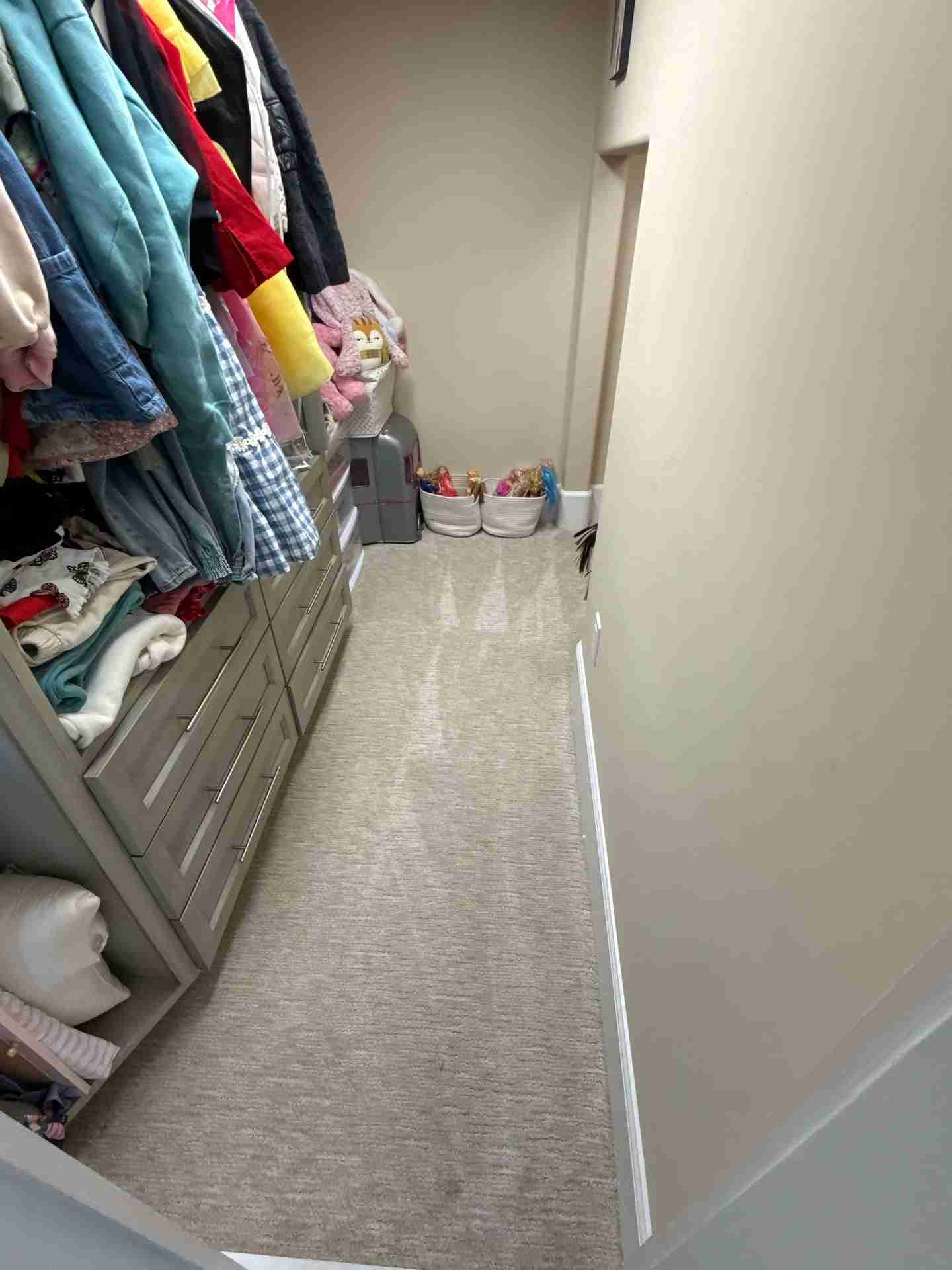 Organized walk-in closet with freshly cleaned carpet in a San Marcos home.
